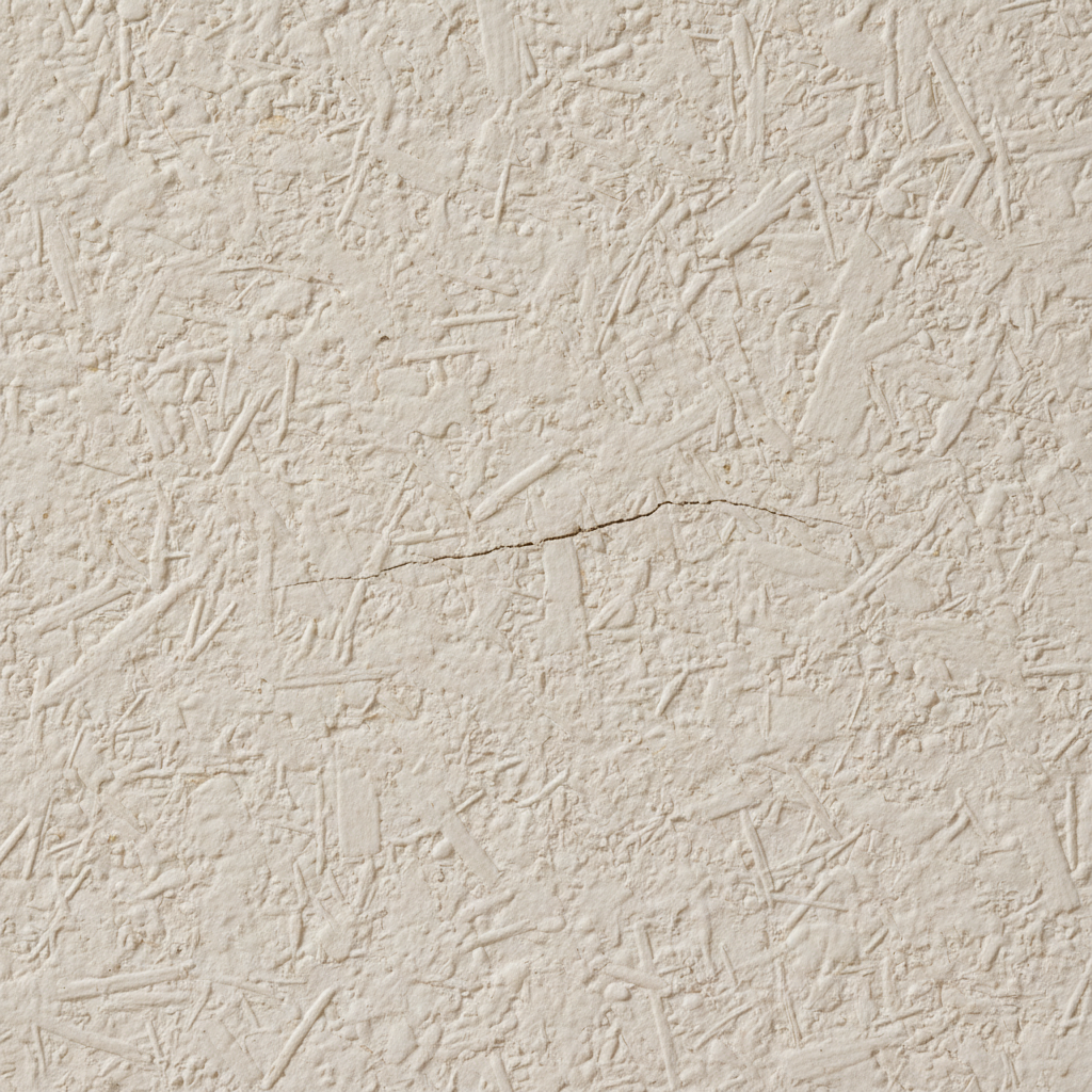A highly detailed, macro shot of a section of off-white Raufasertapete, showcasing its characteristic textured surface with visible wood fibers. A single, distinct, medium-depth scratch runs diagonally across the surface, slightly disturbing the texture. The lighting is soft and even, highlighting the three-dimensional quality of the wallpaper and the depth of the scratch. The image should convey both the typical appearance of the wallpaper and its susceptibility to damage. Professional photo style.