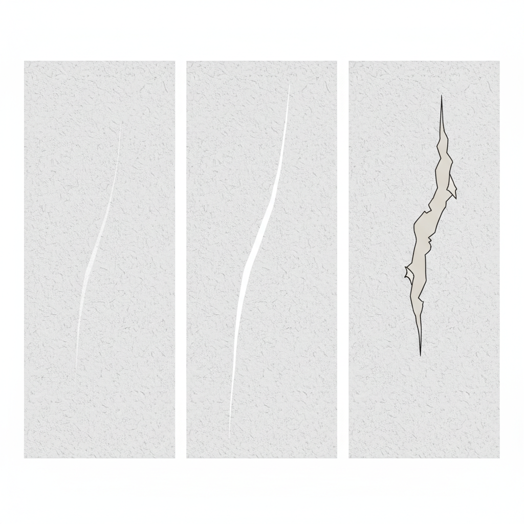 A clear, minimalist infographic-style illustration depicting three distinct vertical panels side-by-side, each representing a different type of scratch on a light grey Raufasertapete background. The first panel shows a very faint, barely perceptible surface abrasion. The second panel displays a more pronounced, visible scratch that disrupts the texture. The third panel illustrates a deep tear or gouge where the underlying wall material is subtly implied to be exposed. The visual difference in depth should be immediately obvious across the panels. Flat illustration style.