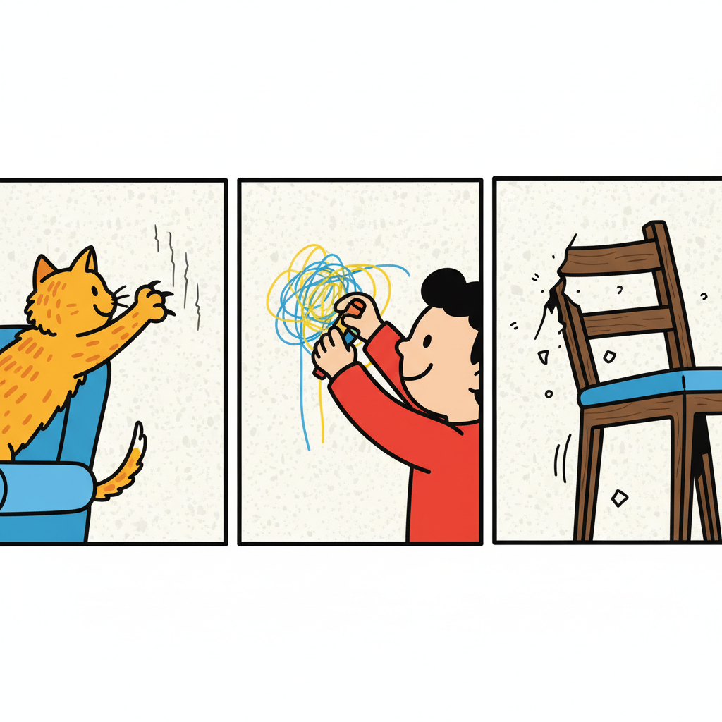 A vibrant, stylized illustration depicting common scenarios leading to wallpaper scratches. On the left, a playful pet's paw (like a dog's or cat's) is near the textured wall. In the center, a small child's hand is playfully brushing against the wall. On the right, the leg of a piece of furniture (e.g., a chair or table) is slightly scraping the wall during movement. The Raufasertapete texture is subtly visible across the wall. The focus is on the actions and potential causes, rendered in a cheerful, modern cartoon style.