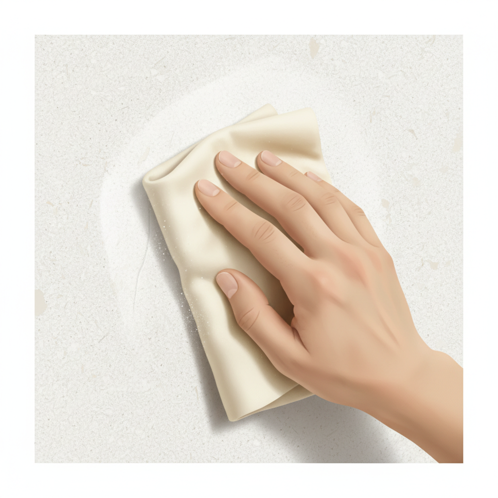 A realistic, focused illustration of a hand gently performing the initial cleaning step on a Raufasertapete wall. A soft, clean brush or a slightly damp, light-colored cloth is carefully wiping away subtle dust and debris from a specific area on the textured wallpaper. The wallpaper itself is a neutral tone, and a very faint, almost invisible scratch is present in the area being cleaned, subtly indicating the preparation for repair. The scene emphasizes carefulness and attention to detail. Professional illustration style.