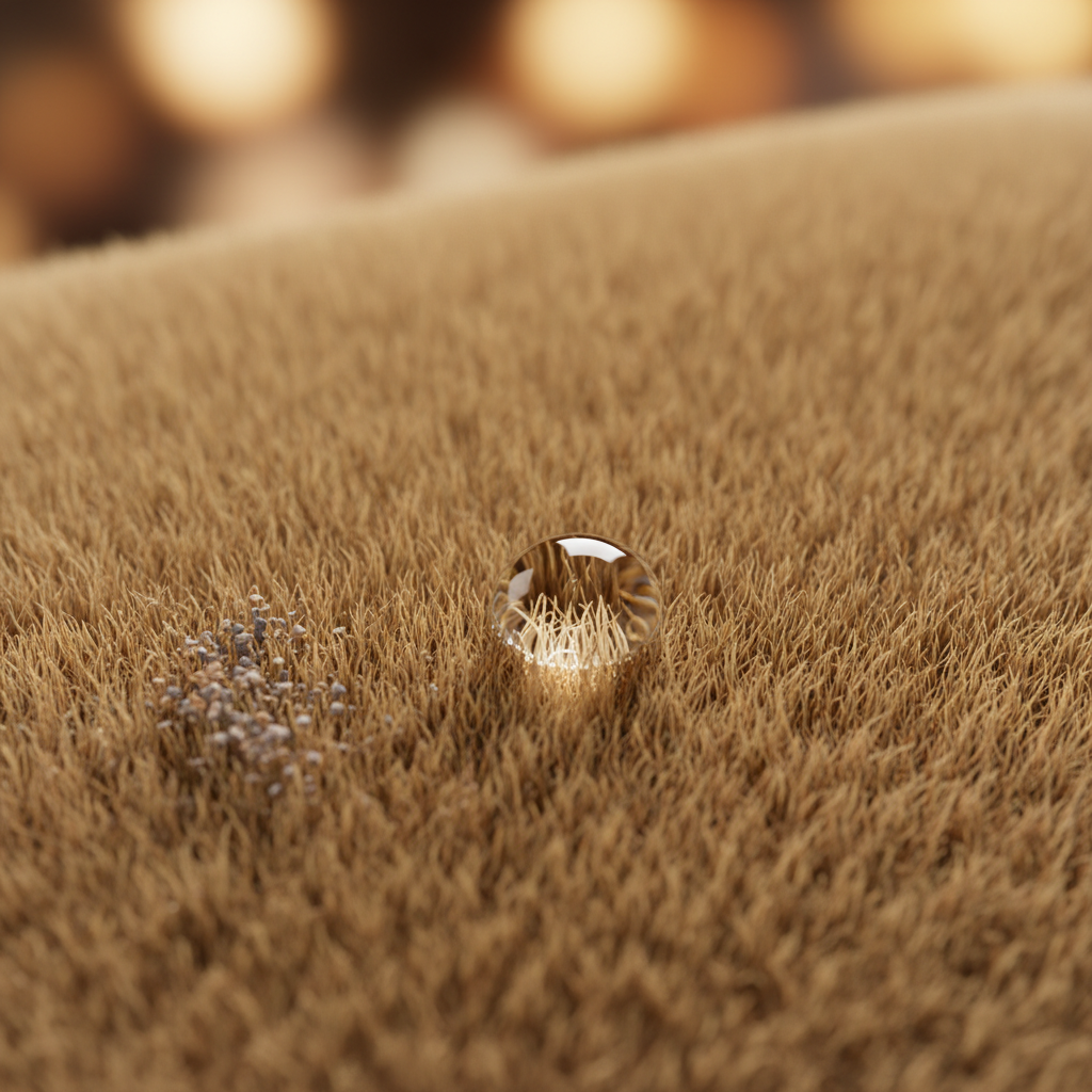 A close-up, macro-shot style illustration of a piece of suede leather, showcasing its delicate, fibrous texture with tiny, upright hairs. On one side, fine dust particles and a small liquid droplet are visibly trapped within the fibers, emphasizing its susceptibility to dirt and moisture. The background is softly blurred, drawing focus to the material's open pore structure. This detailed view should visually explain why suede is high-maintenance. Style: High-detail digital illustration, realistic yet clean, with a focus on texture and microscopic elements. Use natural, earthy tones for the suede.