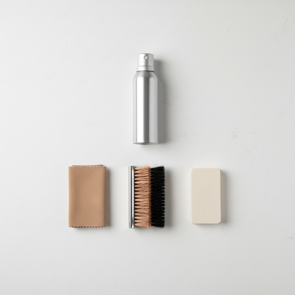 An overhead flat lay arrangement of essential suede cleaning tools. Featured prominently are a two-sided suede brush, clearly showing its distinct copper/brass bristles on one side and rubber nubs on the other, a specialized suede eraser, and a sleek can of waterproofing spray. These items are neatly organized on a clean, light surface, next to a small, elegantly folded piece of light brown suede fabric. The composition should be clean and professional, suggesting preparedness for effective suede maintenance. Style: Professional studio flat lay photograph, bright and clean aesthetic.