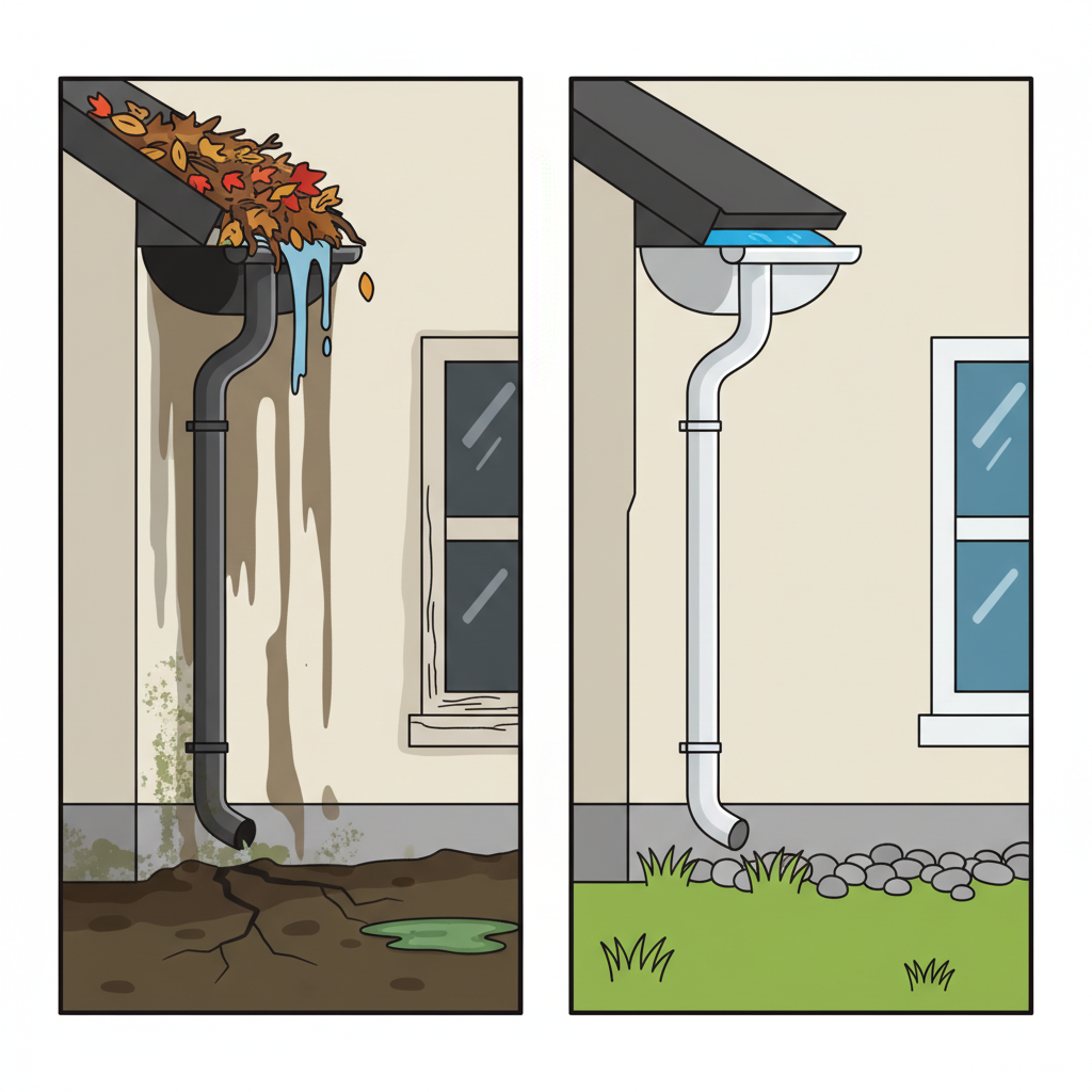 A split-screen flat illustration depicting the stark contrast between a neglected and a well-maintained gutter. On the left, a house section shows a heavily clogged gutter overflowing with water, leaves, and debris. Visible consequences include damp streaks on the facade, eroded soil around the foundation, and potential moisture damage. On the right, the identical house section features a pristine gutter, efficiently collecting and directing rainwater down a clean downpipe, with the facade and ground appearing dry and undamaged. The color palette emphasizes the problems on the left and the healthy state on the right, suitable for an informative blog context.