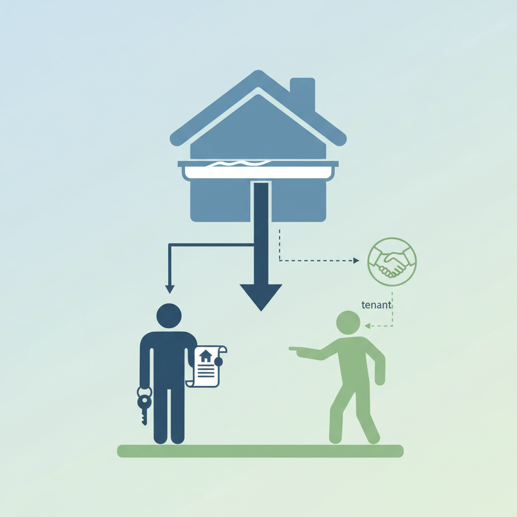 A professional, infographic-style illustration visualizing responsibility for gutter maintenance. At the top, a generic house with a clean gutter. Below, two distinct human figures or symbolic icons. One figure, representing the 'owner,' is positioned centrally and directly linked to the house and gutter, perhaps holding a symbolic house deed. The other figure, representing the 'tenant,' is also linked but with a secondary connection, possibly gesturing towards the owner or a shared agreement icon. The composition clearly conveys that primary responsibility for gutter upkeep resides with the owner, even when other parties are involved, purely through visual cues and without any text.