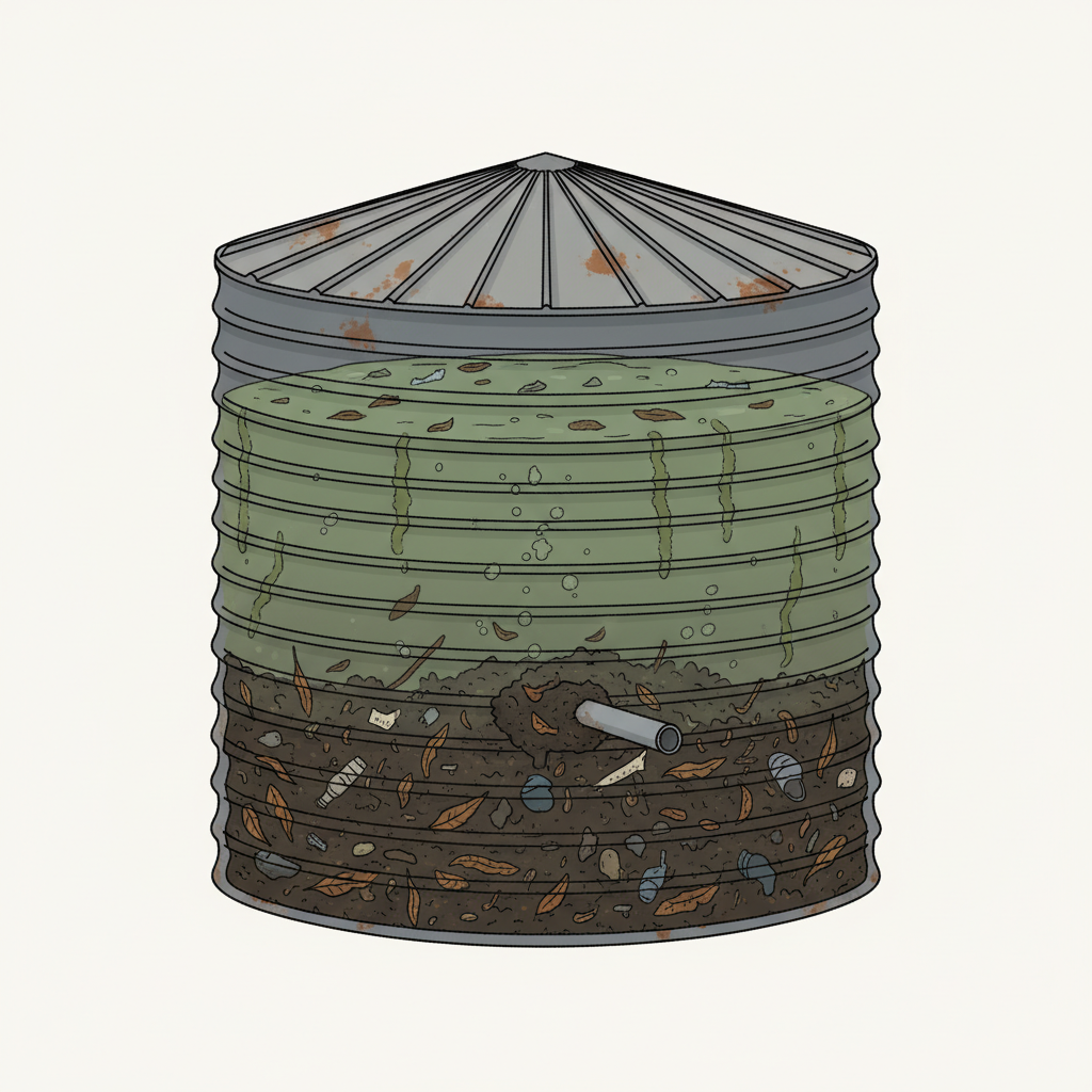 A detailed cross-section flat illustration of a neglected rainwater tank. The tank interior is visibly dirty, with layers of dark sediment, decaying leaves, and floating debris accumulated at the bottom. The water above is murky and discolored, indicating poor quality. Subtle visual cues like faint green algae blooms or bubbles suggesting bacterial growth can be integrated. A narrow pipe leading out from the tank's lower section appears partially clogged with sludge. The overall impression is one of unhygienic conditions and potential system malfunction, highlighting the need for cleaning.