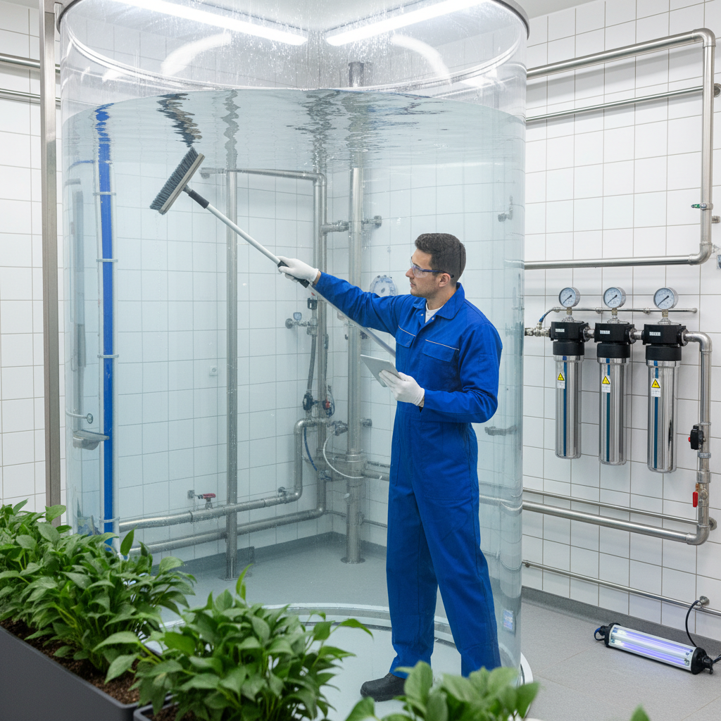 A professional photo showing a modern, clean rainwater collection system. A trained technician, wearing appropriate safety gear (e.g., overalls, gloves), is inspecting or performing maintenance inside a sparkling clean rainwater tank. The tank walls are pristine, and the water inside is crystal clear, reflecting light. The surrounding environment is tidy, with well-maintained filtration components visible. The image conveys efficiency, hygiene, and the benefits of regular professional maintenance, emphasizing the value of a clean system.