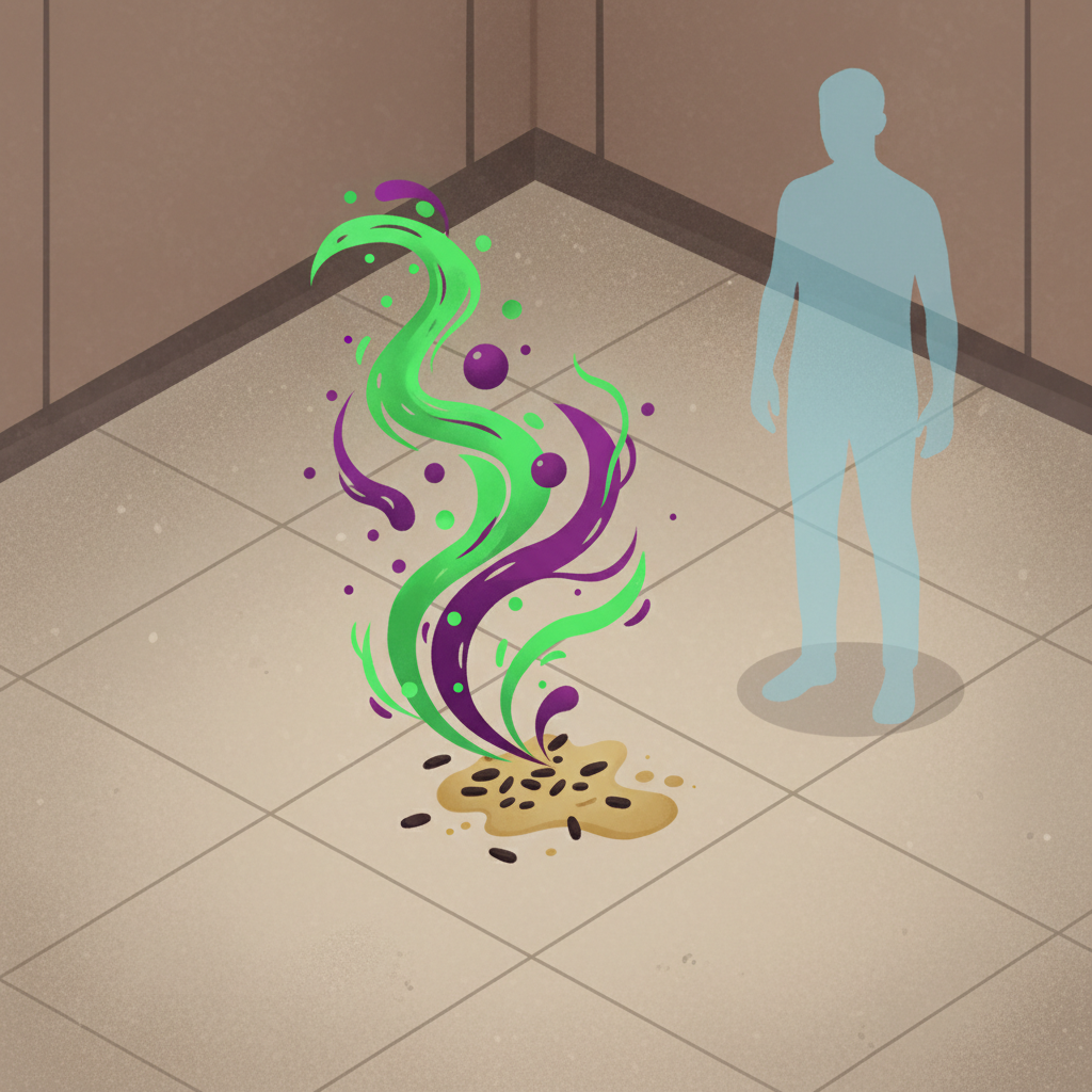 A detailed flat illustration depicting the unseen dangers of a mouse infestation. In a dimly lit corner of a kitchen floor, a small collection of mouse droppings and a yellowish urine stain are visible. From these, swirling, abstract, microscopic pathogen-like particles in vibrant green and purple hues are rising into the air. The floor surface appears dusty. A subtle, transparent, human silhouette nearby suggests the presence of an inhabitant in the contaminated environment, highlighting the health risks. The overall mood should be slightly cautionary but informative.
