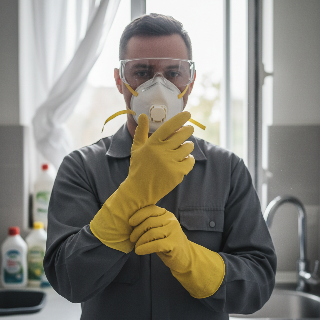 A professional, eye-level photo capturing a person (gender-neutral) meticulously preparing for cleaning after a pest infestation. The focus is on their upper body: hands wearing thick, bright yellow rubber gloves, actively pulling them up. They have a securely fitted FFP3 respirator mask covering their mouth and nose, and clear protective goggles over their eyes. The background is softly blurred, showing a hint of a domestic kitchen or utility room with a slightly open window, implying ventilation. The overall impression is one of careful, safe preparation.