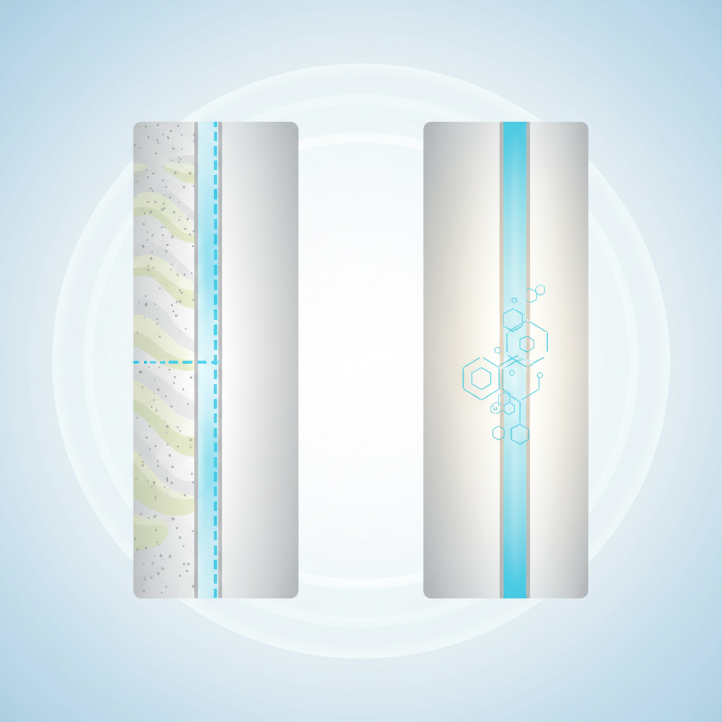 A vibrant, infographic-style illustration contrasting two identical surfaces being glued. On the left, a surface is visibly covered with microscopic dust particles and a faint oil film, represented by grey and oily textures. A thin, broken line of glue barely connects two parts, symbolizing a weak bond that is about to fail. On the right, the same surface is pristine, smooth, and utterly clean, glowing subtly to indicate high surface energy. A thick, perfectly integrated layer of glue forms a strong, continuous connection between the two parts, perhaps with stylized interlocking molecules or a firmly interlocked visual. The background is clean and simple, emphasizing the core message.
