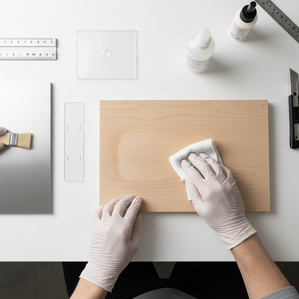 A professional, top-down photograph depicting hands engaged in the surface cleaning process just before gluing. The image features a clean workbench setting with various materials like a piece of wood, a metal plate, and a plastic component laid out. A hand is actively wiping one surface with a clean white microfiber cloth, while a spray bottle of cleaner is visible nearby. Another hand might be holding a small brush, emphasizing thorough preparation. The surfaces appear visibly clean and ready, with no visible dirt or residue. The lighting is bright and even, highlighting the meticulous nature of the task and the importance of cleanliness.