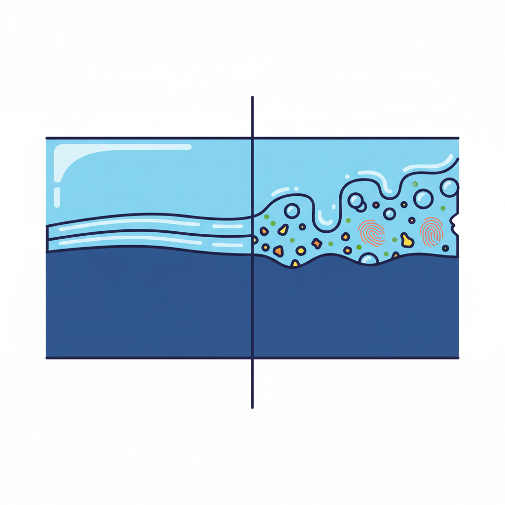A detailed, side-by-side infographic illustration depicting the contrast between a perfectly cleaned surface and a contaminated one beneath a layer of paint. On the left, a smooth, microscopic view of a substrate shows strong, even adhesion with a topcoat of paint. On the right, the same substrate is marred by tiny grease particles, dust specks, and fingerprints acting as barriers, causing the paint layer above to visibly bubble, peel, and show patchy, weak adhesion. Use bright, contrasting colors to differentiate the paint, substrate, and contaminants. Emphasize the clear visual difference in integrity between the two painted surfaces.