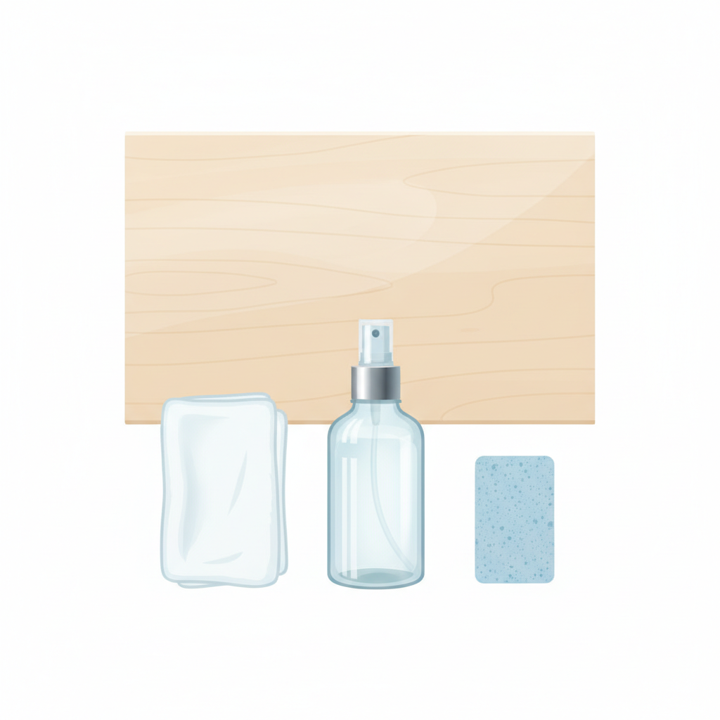 A professional, clean flat lay illustration showcasing the essential tools and materials for surface preparation before painting. In the foreground, neatly arranged are a pristine microfiber cloth, a spray bottle with a clear cleaning solution, and possibly a small sanding sponge or fine abrasive pad. In the background, a perfectly smooth, unpainted surface (like a piece of wood or metal panel) gleams, implying readiness and a flawless finish. The overall aesthetic is minimalist, organized, and emphasizes cleanliness and preparedness for a high-quality painting job.