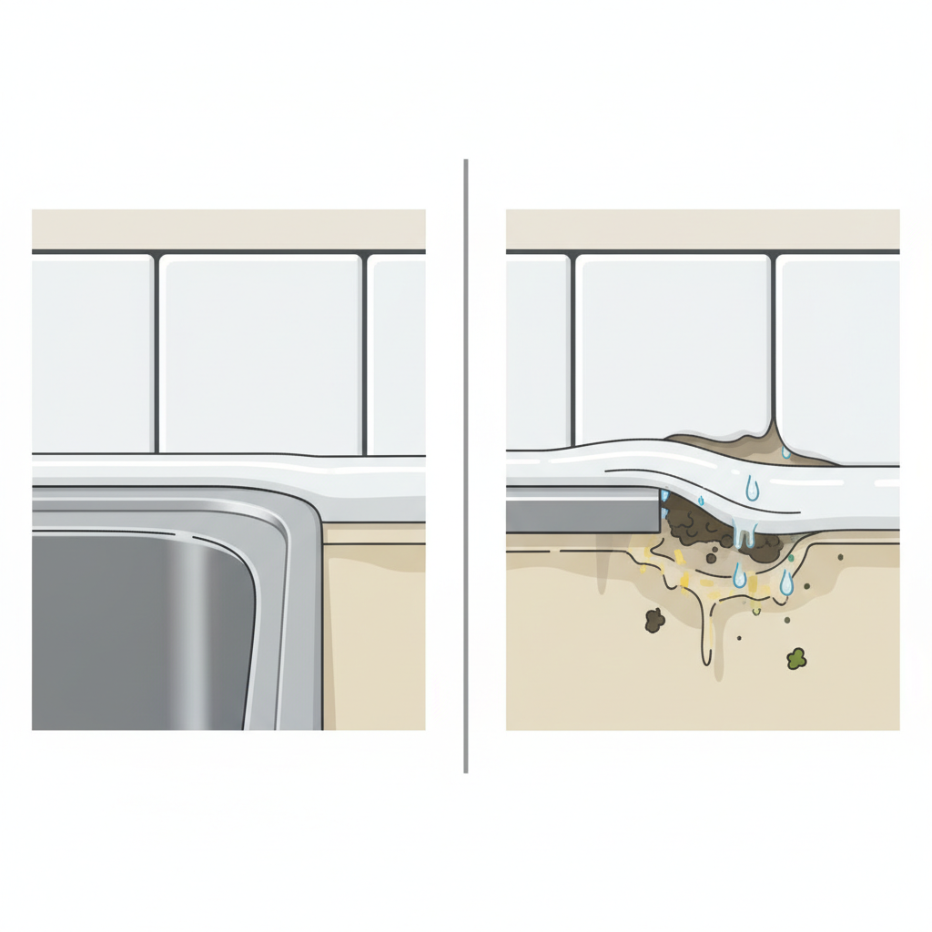 A detailed flat illustration showing a cross-section comparison of two identical bathroom or kitchen tile edges. On one side, a pristine, clean tiled surface with a perfectly smooth, well-adhered silicone bead forming a tight seal. On the other side, the same tiled surface, but with visible dirt particles, grease, and moisture trapped beneath a poorly adhered, lifting silicone bead. Small green mold spots are beginning to form in the gaps where the silicone has failed to seal properly. The image should visually emphasize the contrast between a properly prepared surface and a neglected one, highlighting the issues of bad adhesion and potential mold.