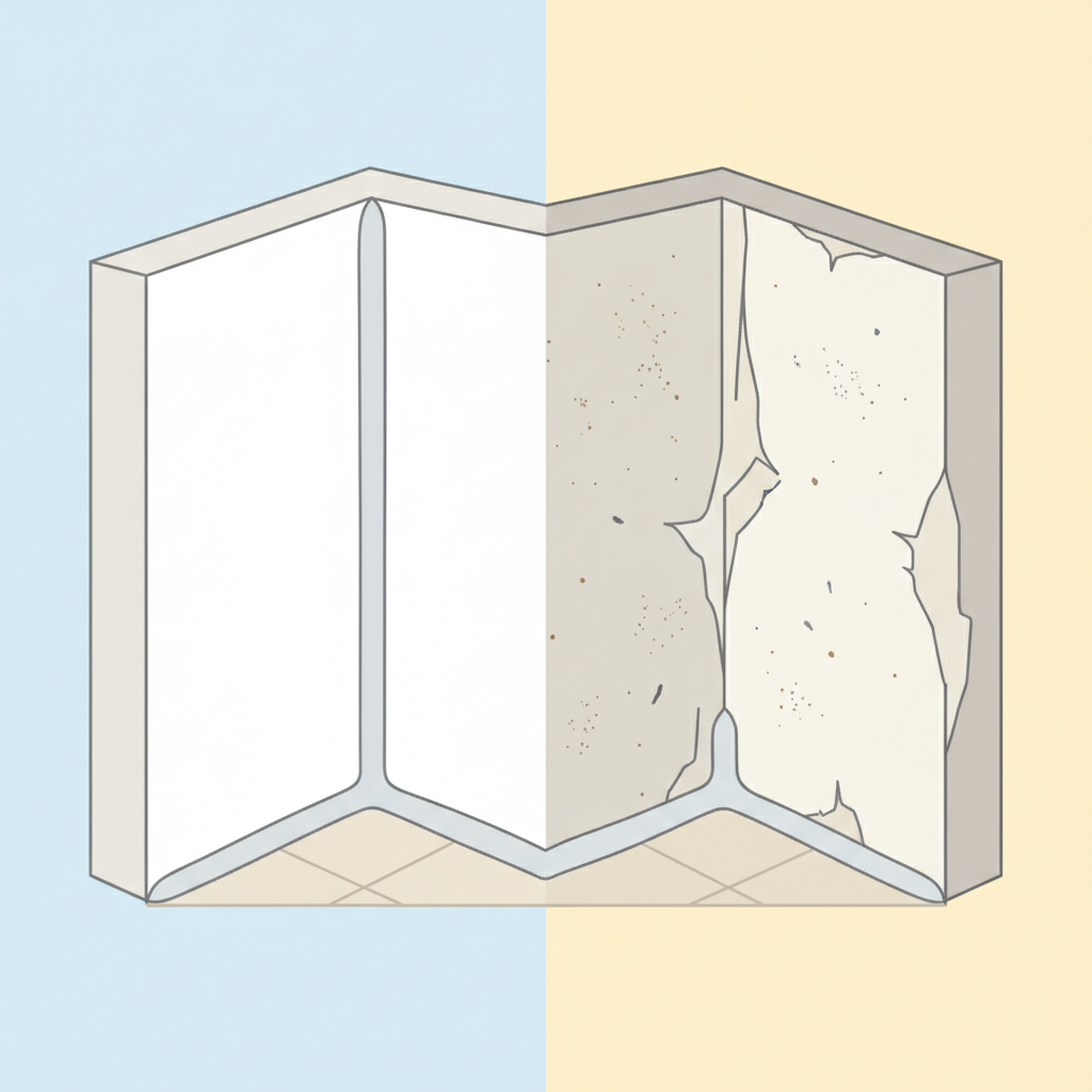 A detailed flat illustration showing a cross-section of a wall corner with a silicone joint. The image is split vertically. On the left side, representing 'good adhesion', a clean, smooth wall surface with a perfectly bonded silicone bead. On the right side, representing 'poor adhesion', the same wall surface is visibly dirty, dusty, and greasy, with the silicone bead partially detached, showing air pockets and gaps where it fails to adhere, emphasizing poor sealing. Use a modern, clean, and illustrative style with clear visual distinctions.