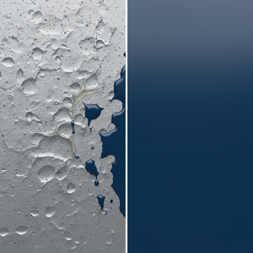 A professional, crisp side-by-side diagram illustrating paint adhesion. On the left, a magnified, rough metallic surface is shown riddled with tiny, indistinct dust particles and subtle oily sheen. A layer of paint attempts to coat it, but visibly lifts, bubbles, and shows small gaps, indicating poor adhesion. On the right, the same metallic surface appears pristine and smooth, free of any imperfections. A paint layer adheres perfectly and uniformly, forming a strong, unbroken bond. The overall style is clean, modern, and infographic-like, emphasizing the stark contrast between faulty and perfect paint application.
