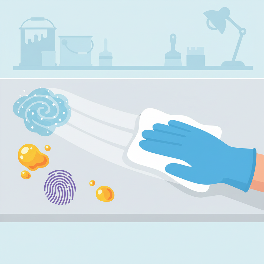 A vibrant flat illustration depicting a smooth, generic surface being prepared for painting. In the foreground, stylized representations of common contaminants like a swirling cloud of dust particles, glossy oil droplets, and a smudged fingerprint are visibly present. A gloved hand, holding a cleaning cloth or a spray bottle, is actively wiping the surface, demonstrating the removal of these impurities. The background is clean and bright, suggesting a workspace. The illustration should have a clean, educational infographic style, highlighting the importance of eliminating these barriers for successful painting.