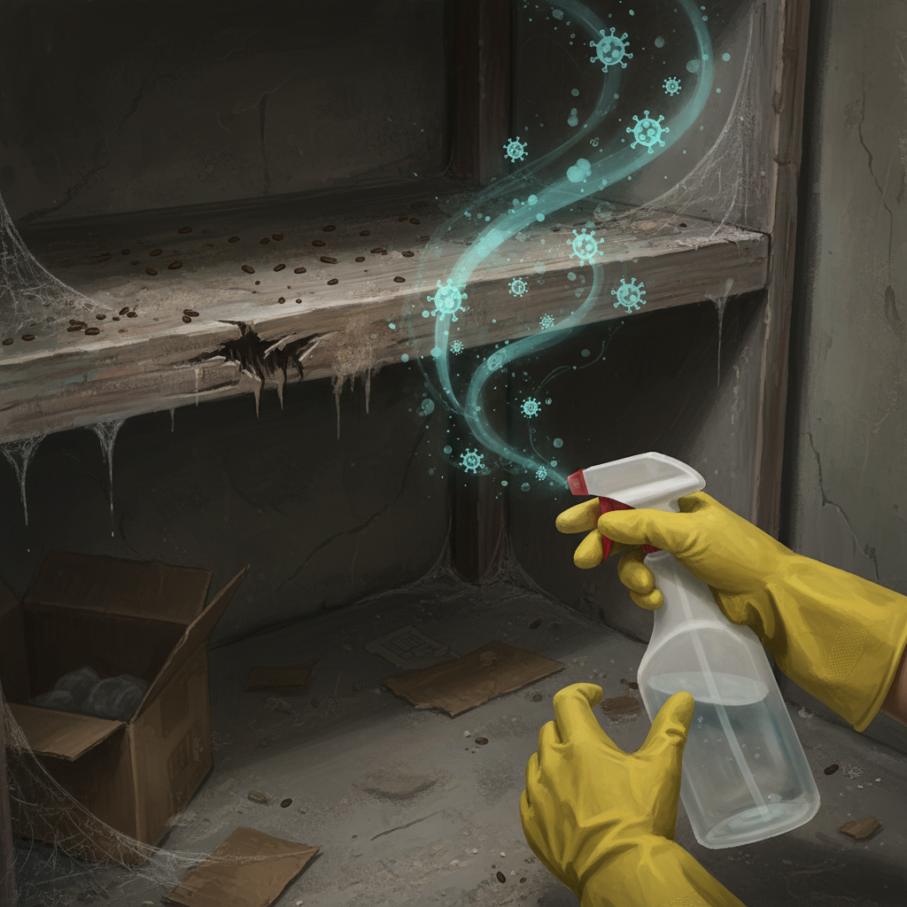 A dimly lit, dusty basement corner. On a wooden shelf, small, dark rat droppings and faint gnaw marks are visible. Wisps of microscopic, stylized pathogen symbols (like abstract viruses or bacteria, translucent and glowing subtly) emanate from the contaminated areas, symbolizing unseen health risks. In the foreground, a pair of gloved hands (wearing thick yellow rubber cleaning gloves) holds a spray bottle filled with disinfectant, poised to begin the cleanup. The overall mood is cautionary and emphasizes the hidden dangers. Style: Realistic digital painting with a slightly gritty, somber atmosphere.