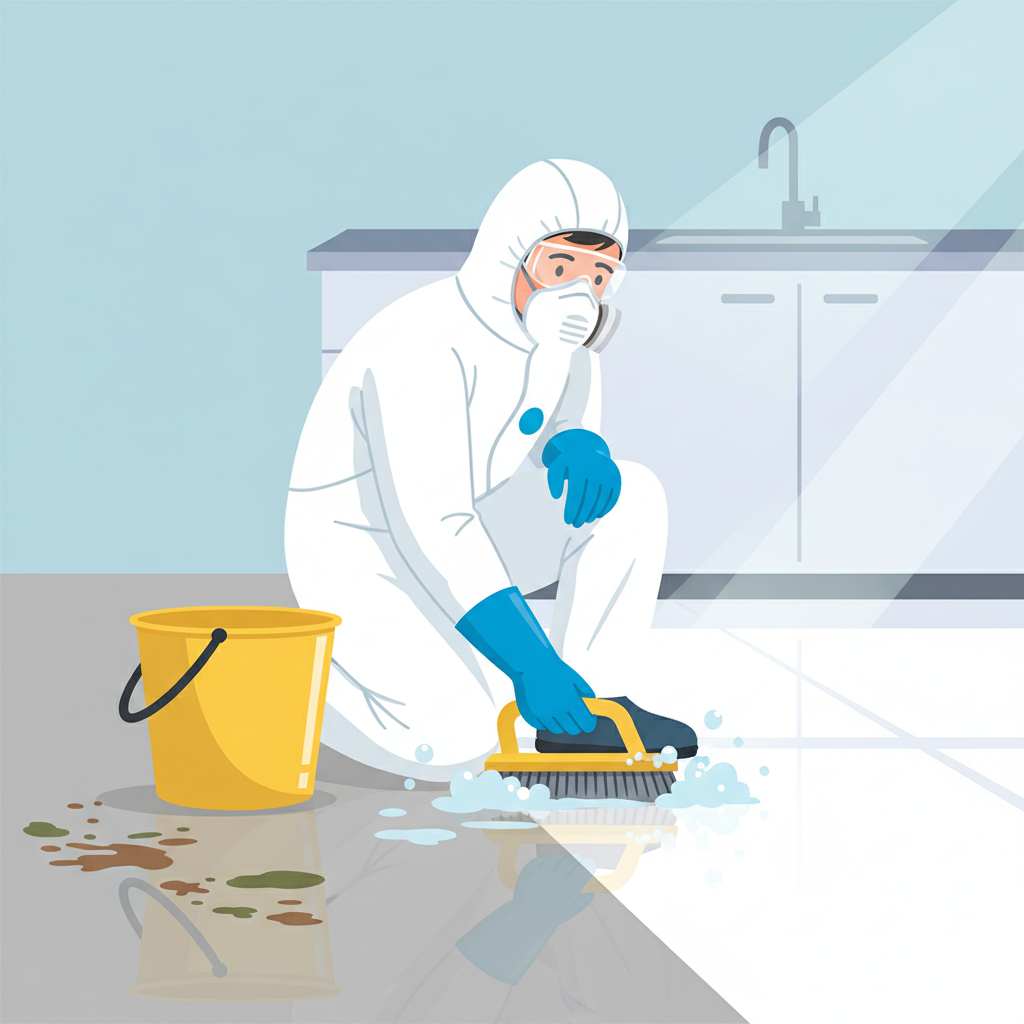 An illustrative scene depicting a person wearing full personal protective equipment (PPE): a white disposable suit, a respirator mask, safety goggles, and sturdy cleaning gloves. They are actively scrubbing a surface (e.g., a kitchen floor or countertop) with a brush and a bucket of soapy water. The area being cleaned is clearly demarcated, showing a before-and-after effect where one side is still faintly grimy with abstract brown smudges representing residual contamination, while the cleaned side is sparkling and bright, symbolizing thorough disinfection and restoration. Style: Clean, professional flat illustration with clear lines and bright, optimistic colors for the cleaned area, contrasting with muted tones for the contaminated section.