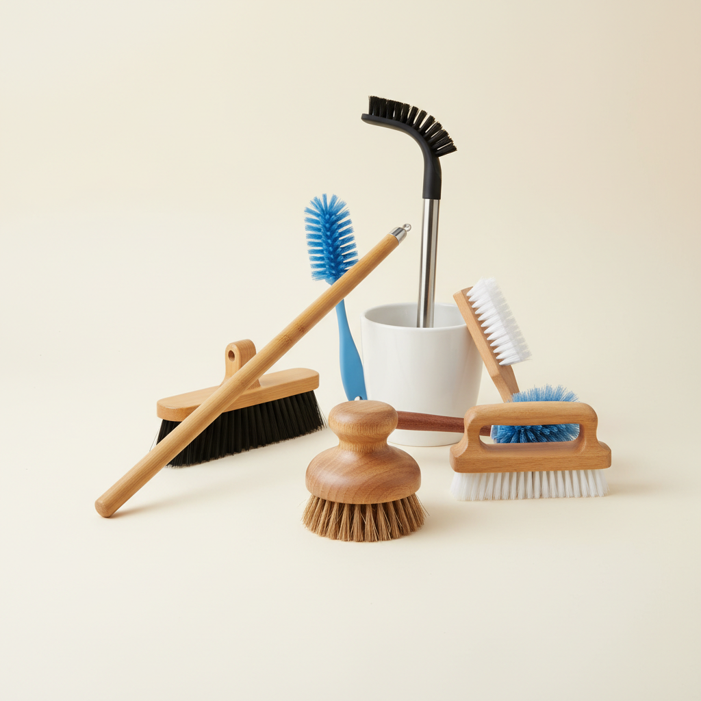 A professional product photography style image showcasing a diverse collection of cleaning brushes, artfully arranged on a clean, light-colored background. The composition features a variety of brush types, including a sturdy scrubbing brush for dishes, a long-handled floor brush, a compact detail brush, and a toilet brush. Different bristle types (e.g., stiff, soft, natural fibers) and handle materials are visible, emphasizing versatility for various cleaning tasks across different household zones like kitchen, bathroom, and general surfaces. The scene conveys an organized and comprehensive set of cleaning tools.