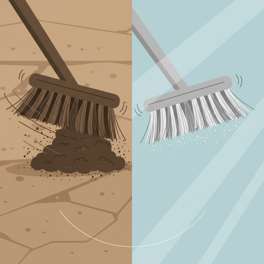 A modern flat illustration depicting a conceptual split-screen or side-by-side comparison of cleaning brush bristles in action. On one side, robust, darker natural bristles (e.g., agave, coconut-like) are shown vigorously scrubbing away heavy, clumpy dirt from a textured surface. On the other side, finer, lighter synthetic bristles are gently sweeping away fine dust particles from a smooth, polished surface. The illustration highlights the contrast in bristle hardness and their specific effectiveness against different types of dirt and on various surface textures, emphasizing functionality.