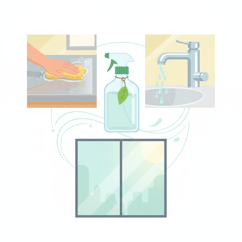 A vibrant, clean flat illustration showcasing the versatility of natural cleaning. The central focus is a clear spray bottle, subtly implying vinegar with a green leaf symbol attached or nearby, surrounded by various sparkling household scenes. These vignettes include a glistening kitchen countertop being wiped, a shiny, descaled bathroom faucet, and a streak-free windowpane, all bathed in soft, natural light. The color palette is fresh and bright, emphasizing purity and effectiveness across different areas of a home, conveying a sense of effortless, natural cleanliness.