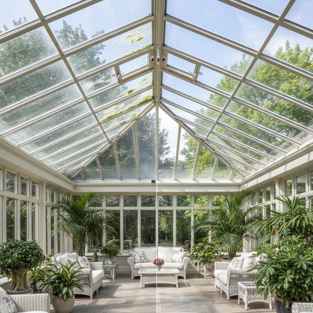 A large, elegant conservatory or sunroom with a prominent glass roof, showing a clear visual divide. One significant portion of the glass roof is visibly dull and dirty, with subtle streaks of grime, dust, and faint green algae, slightly obscuring the view. The adjacent section, however, gleams brilliantly, sparkling under natural light and offering a crystal-clear view through the pristine glass. This side-by-side comparison perfectly illustrates the dramatic impact of cleaning on a conservatory's appearance. Professional photo, clean aesthetic.