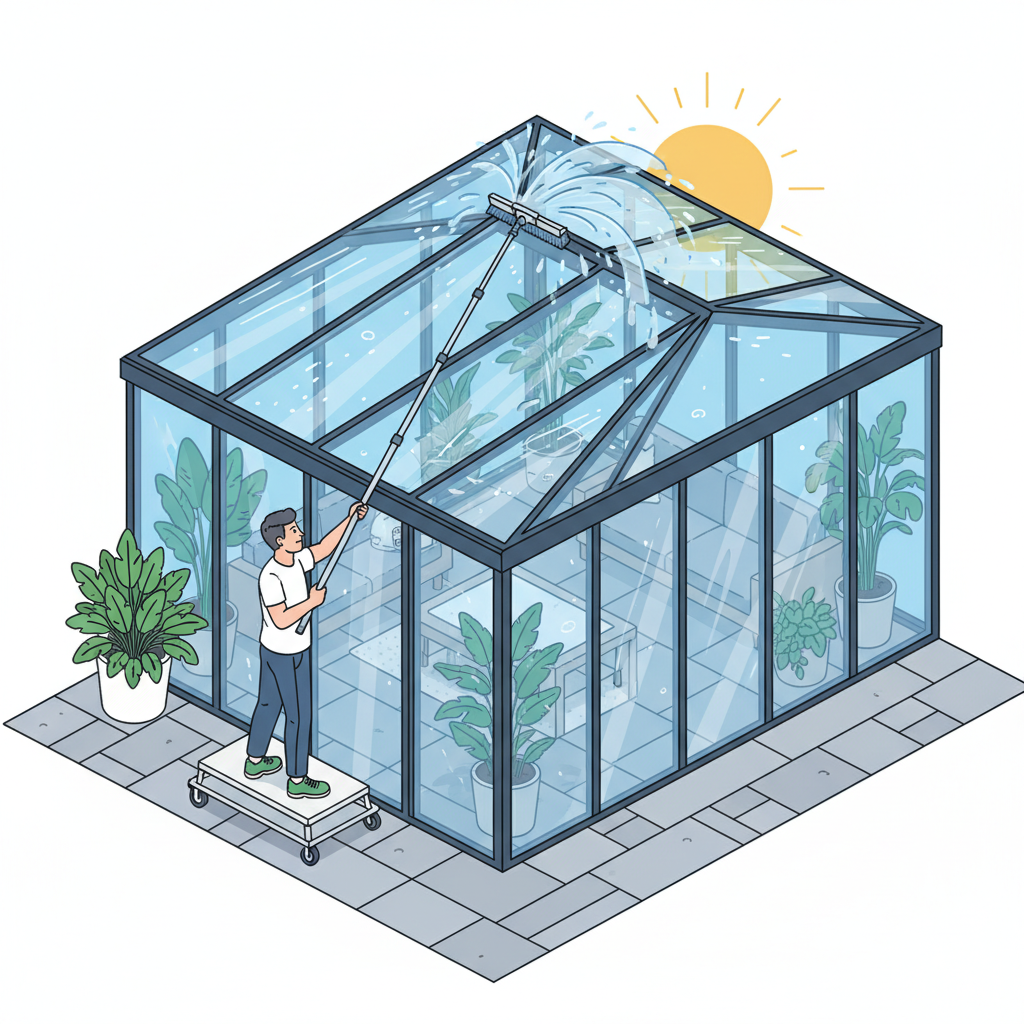 A clear, professional illustration depicting a person efficiently cleaning the high glass roof of a contemporary wintergarten or conservatory. The individual is positioned safely on the ground or a low, stable platform, utilizing a long, telescopic water-fed pole with a specialized brush attachment to reach the highest panes. The sunlight catches the water droplets and the already cleaned, sparkling glass, conveying ease and effectiveness. The overall atmosphere is bright and productive, showcasing the benefits of specialized cleaning equipment. Flat illustration style with a focus on clean lines and vibrant colors.