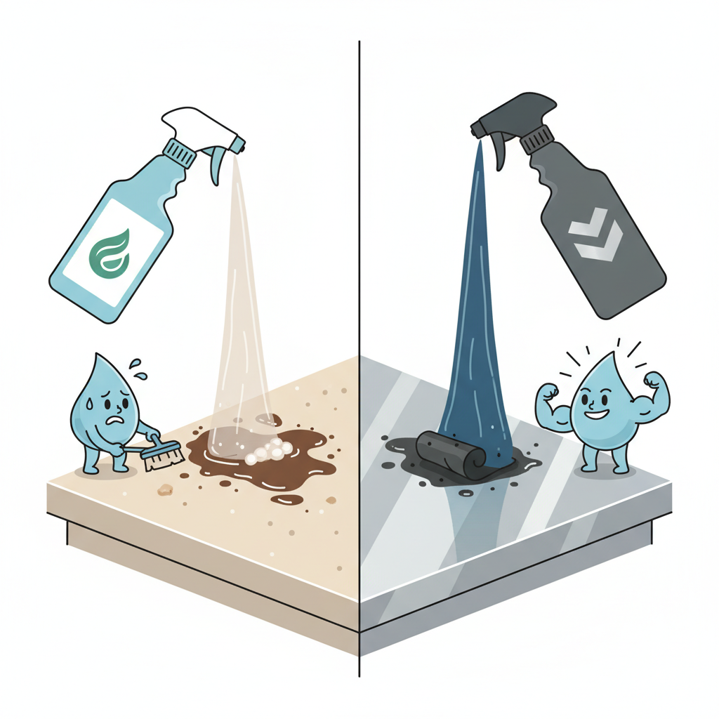 A modern, clean flat illustration contrasting two cleaning scenarios. On the left, a bottle of a generic household cleaner with a weaker, dilute appearance struggles to remove a stubborn, greasy stain from a kitchen counter, leaving residue. On the right, a sleek bottle of professional cleaner, depicted with visible concentration, effortlessly lifts and eliminates a similar, but even tougher, industrial-grade grease stain from a stainless steel surface, leaving it sparkling clean. The professional product's effectiveness is visually evident, highlighting its superior power and efficiency.