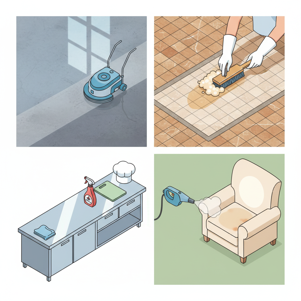 An isometric illustration depicting a composite scene of various professional cleaning applications. In one section, a highly polished industrial floor gleams after being cleaned with a specialized product. Adjacent to it, a delicate natural stone surface is being gently restored without damage. Another area shows a spotless commercial kitchen counter, free of grease and grime. Lastly, a textile or upholstery item appears pristine and refreshed after targeted treatment. The overall image conveys versatility, material protection, and effective problem-solving across diverse environments.