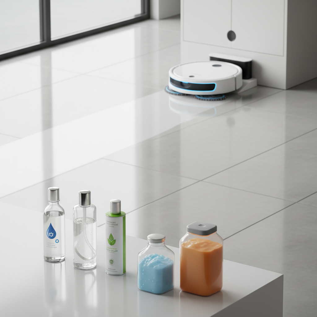 A bright, clean, modern photo style illustration showcasing a gleaming, streak-free hard floor, reflecting ambient light. A futuristic-looking robot mop is gracefully navigating a part of the room or docking after completing its cleaning cycle, leaving a pristine path. In the foreground, subtly arranged on a clean surface, are various stylized bottles representing cleaning solutions. Some bottles appear specifically designed for robot mops (e.g., sleek, minimalist designs, perhaps with a visual cue like a water droplet or gear), while others look generic or potentially inappropriate (e.g., overly sudsy bubbles or thick consistency indicated by their design). The overall scene conveys the success of using the right product for a perfect floor, emphasizing cleanliness and sophisticated technology.