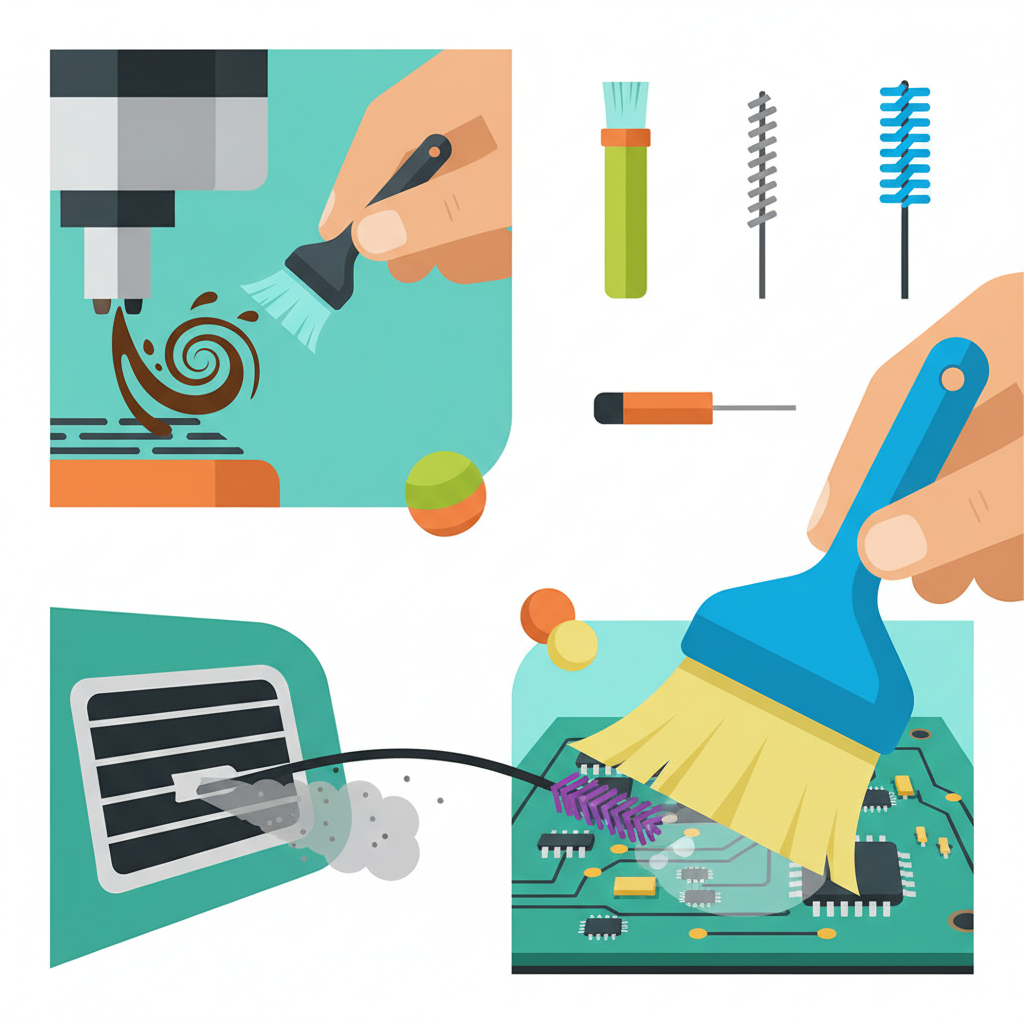 A vibrant, professional flat illustration depicting a collage of scenes where cleaning brushes are actively used. In one segment, a hand uses a small, pointed brush to clean intricate details of a coffee machine's nozzle. Another section shows a different brush reaching into a car's air vent, effectively removing dust. A third features a brush dusting delicate electronic components in a workshop. The composition should emphasize precision and effectiveness in hard-to-reach areas, showcasing various brush shapes and sizes, all in a clean, modern aesthetic with bright, inviting colors.