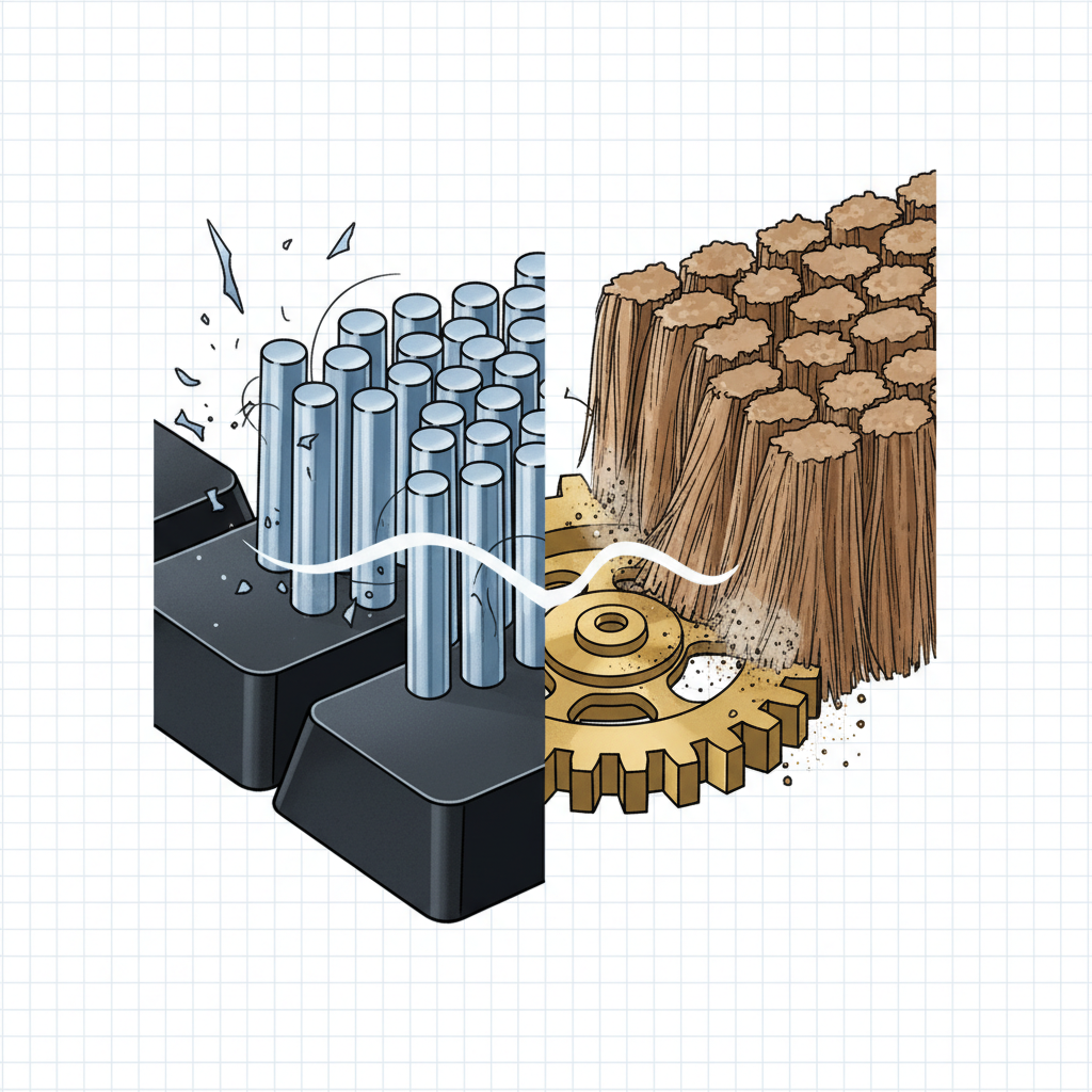 A highly detailed, close-up technical illustration in an infographic style. The image focuses on the bristles of a cleaning brush, with a subtle visual differentiation between synthetic (e.g., nylon-like) and natural (e.g., horsehair-like) textures. These bristles are shown actively dislodging fine dust and dirt particles from a textured, hard-to-reach surface, such as the gaps between a keyboard's keys or intricate gears of a small machine. The illustration highlights the brush's ability to penetrate crevices and lift grime, emphasizing precision and the function of the bristle materials.