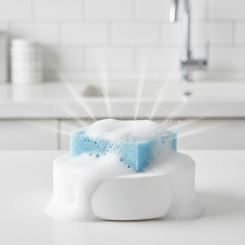 A professional photo capturing a white, round cleaning stone in the foreground, partially wet, with a light blue, damp sponge gently pressed into its surface, producing a delicate, rich white foam. Subtle sparkles and soft light rays emanate from the foamy area, suggesting cleanliness and effectiveness. The background is a softly blurred, modern kitchen or bathroom surface, evoking a sense of pristine hygiene. The focus is entirely on the stone, sponge, and foam.