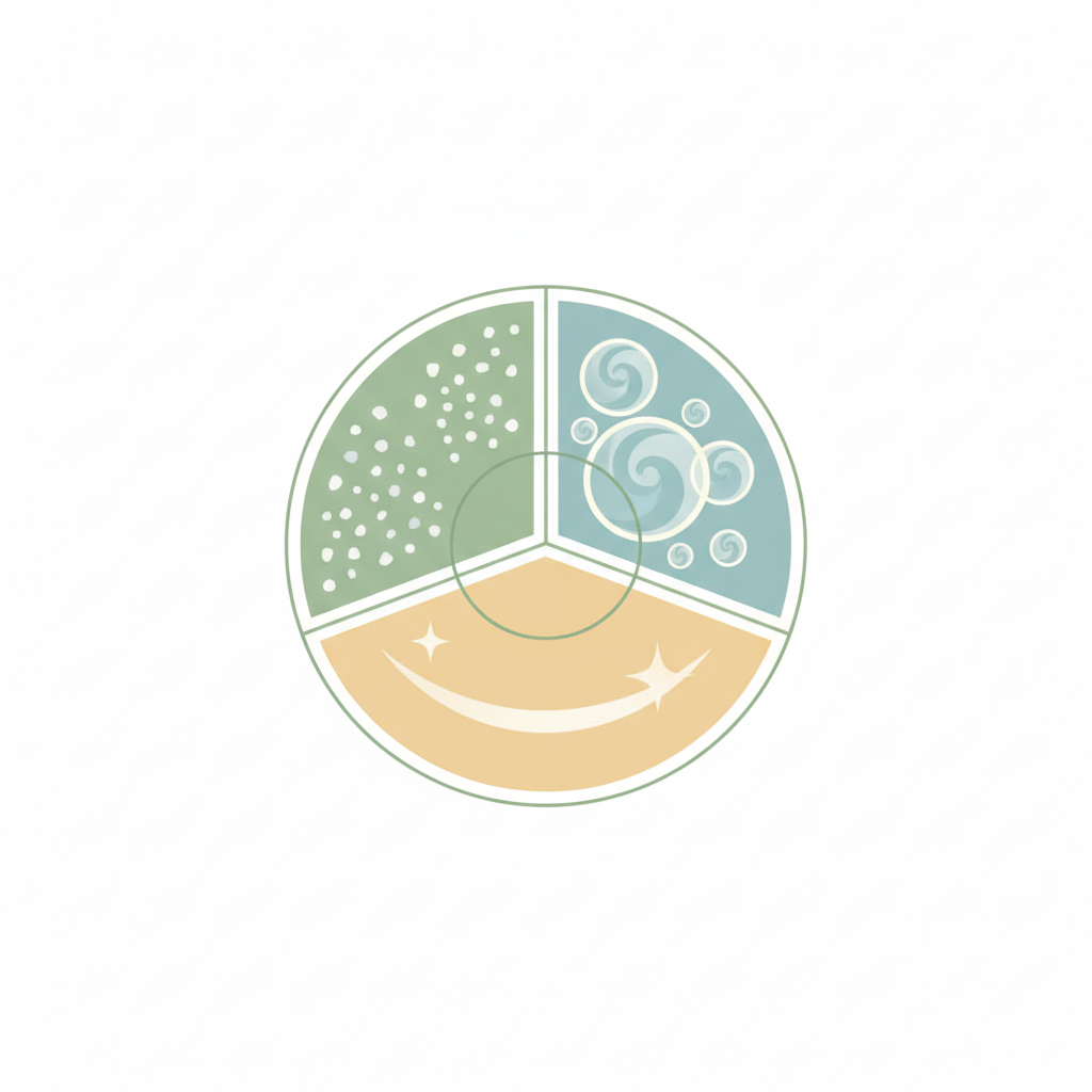 A clean, minimalist flat illustration depicting the functional components of a cleaning stone. The central element is a stylized, round cleaning stone, which could be visually divided or have elements radiating from it. Around it, or within its composition, are small, abstract icons representing: tiny abrasive particles (for mechanical cleaning), swirling soap bubbles (for chemical dissolving), and a protective sheen (for nourishing surfaces). The illustration uses a modern, muted color palette, emphasizing clarity and the multi-functional nature of the product.