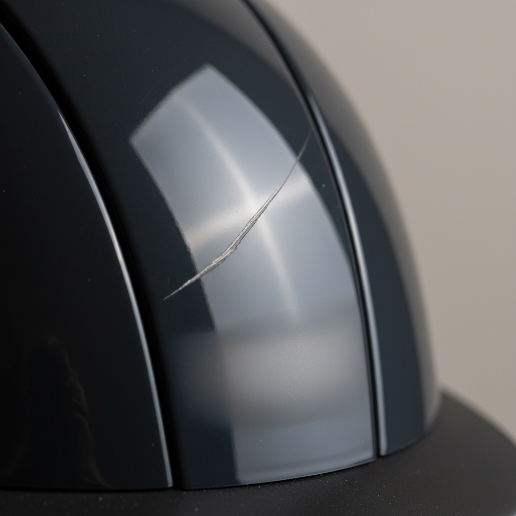 A professional studio photo, macro shot, focusing on the curved surface of a sleek, dark riding helmet. A distinct, shallow scratch is visible across the shell, subtly disrupting the smooth, reflective finish. The lighting should be dramatic, casting soft shadows that emphasize the scratch's depth without making it look severely damaged. A very subtle, almost transparent visual indication (like a faint gradient change or subtle translucency) beneath the scratch hints at the underlying protective layers, suggesting potential compromise to the helmet's structural integrity. The background is a clean, neutral blur.