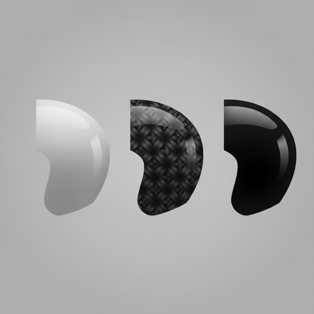 A clean, modern infographic-style illustration depicting three distinct, simplified representations of riding helmet sections or shells. One section shows the smooth, uniform texture of Polycarbonate. Another section reveals subtle interwoven patterns characteristic of Fiberglass or Carbon Fiber. The third section illustrates a high-gloss, slightly reflective lacquered surface with a clear, thin top layer. Each material should be visually distinct through texture, sheen, or subtle shading, clearly communicating material differences without any labels or text. The overall aesthetic is minimalist and informative.