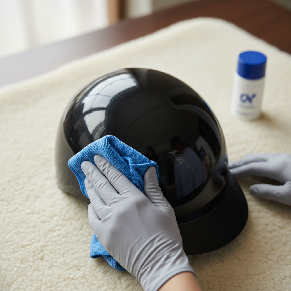 A realistic, high-quality photograph from a slightly elevated angle, capturing a pair of hands (possibly wearing light gloves) meticulously polishing a riding helmet. A soft, microfiber cloth is gently rubbed over the helmet's surface. The helmet, perhaps a dark color, rests on a clean, soft mat. A small, generic tube or bottle of polishing compound is placed discreetly in the background, slightly out of focus. The image conveys careful, precise work, highlighting the process of scratch removal through gentle application and polishing, emphasizing the care involved.
