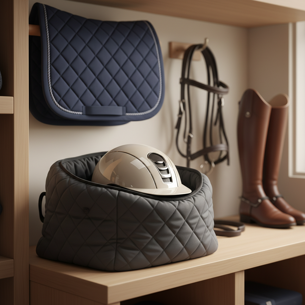 A warm, inviting illustrative scene, showing a clean, modern riding helmet safely stored. The helmet is gently placed inside a soft, padded, breathable helmet bag, which is then situated on a clean, wooden shelf in an organized tack room or storage area. The background features blurred, subtle hints of other well-maintained equestrian gear like a neatly folded saddle pad or clean riding boots, conveying a sense of proper care and organization. The overall atmosphere should be calm and protective, emphasizing scratch prevention through careful storage.