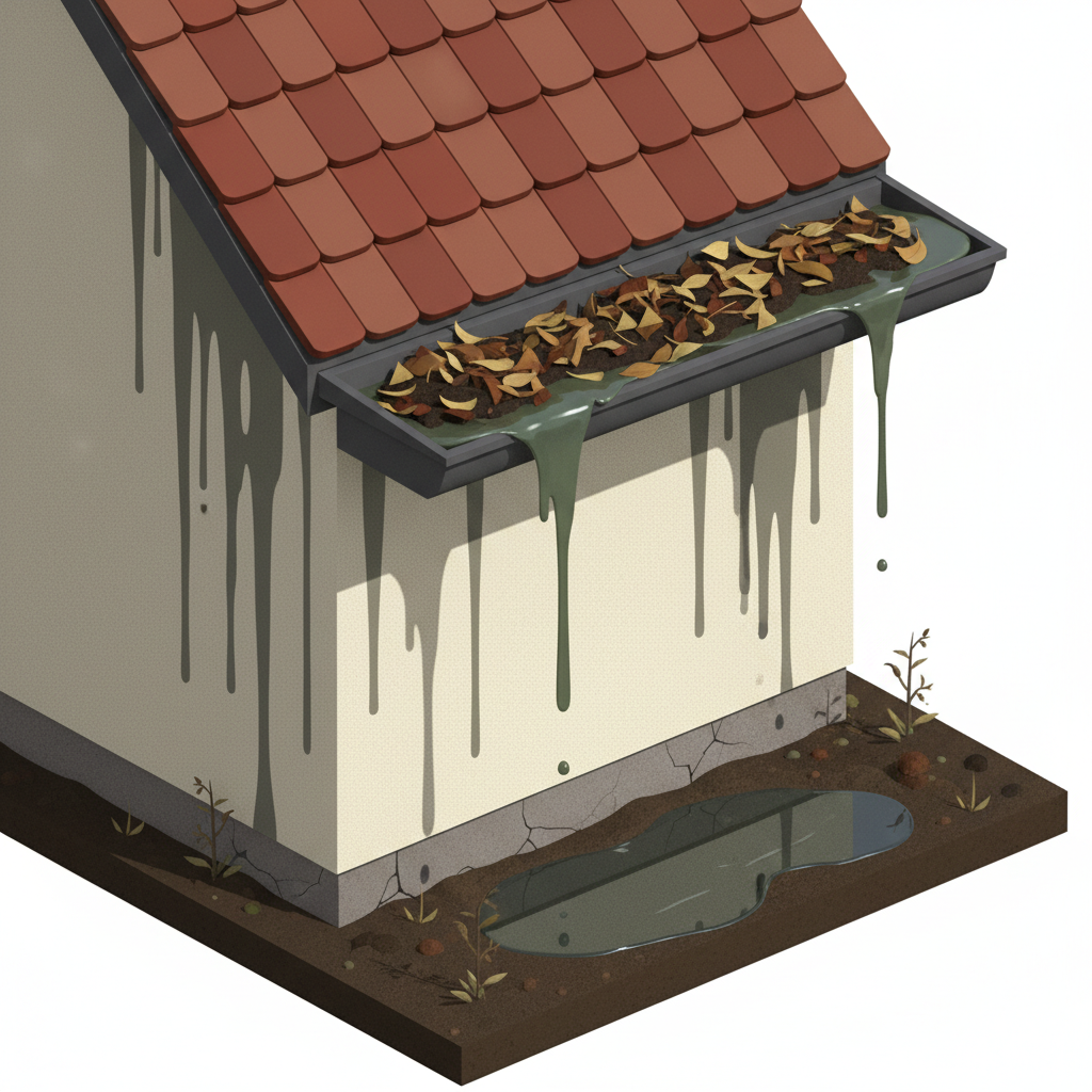 A stylized, professional 3D illustration depicting a cross-section of a house facade with a severely clogged gutter. The gutter is overflowing with dirty water, leaves, and debris. Visible streaks of water are running down the exterior wall, suggesting moisture damage. Below, near the foundation, a small pool of water is forming. The scene emphasizes the negative impact of neglected gutter maintenance, showing the water's destructive path from the roof edge down the wall. The color palette should be muted but with contrasting elements for the water and debris, highlighting the problem.