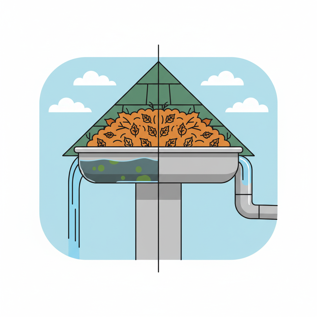 A clear, informative flat illustration presenting a 'before and after' comparison of a gutter. On the 'before' side, a gutter is depicted completely full of dry leaves, twigs, and some stagnant, murky water, with water visibly overflowing the edge. On the 'after' side, the same gutter is shown clean and empty, with a single, clear stream of water flowing smoothly towards a downspout opening. The illustration should use clean lines and a modern aesthetic, effectively contrasting the problematic clogged state with the ideal clean, functional state.