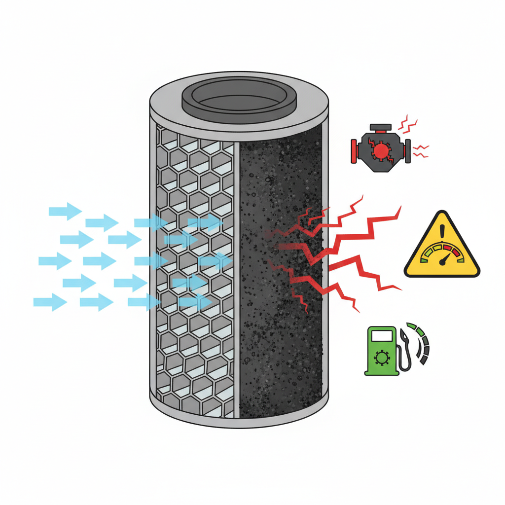 A detailed technical illustration showcasing a cutaway view of a diesel particulate filter (DPF). The left side of the filter appears pristine and open, with light blue arrows smoothly passing through, symbolizing clean exhaust. The right side is heavily clogged with dark, gritty soot accumulation, depicted with restricted red arrows struggling to flow. Surrounding the clogged section, visualize abstract icons representing negative consequences: a simplified car engine experiencing strain, a fuel pump icon with a rapidly declining gauge, and a universal warning symbol, all in a clear, infographic style. Emphasize the contrast between functional and blocked.