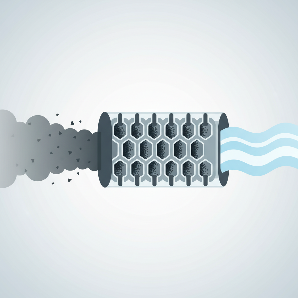 A clean, modern flat illustration depicting the functional principle of a diesel particulate filter. Show a semi-transparent, stylized DPF in a cross-section, revealing a detailed internal honeycomb-like structure. On the left, a stream of dark, smoky particles flows towards the filter, symbolizing unfiltered exhaust. As these particles interact with the filter's structure, they are visually trapped within the honeycomb channels. On the right, a stream of clean, light-colored gas emerges smoothly from the filter, representing purified exhaust. The overall aesthetic should be professional and informative, using clear visual metaphors for filtration and purification.