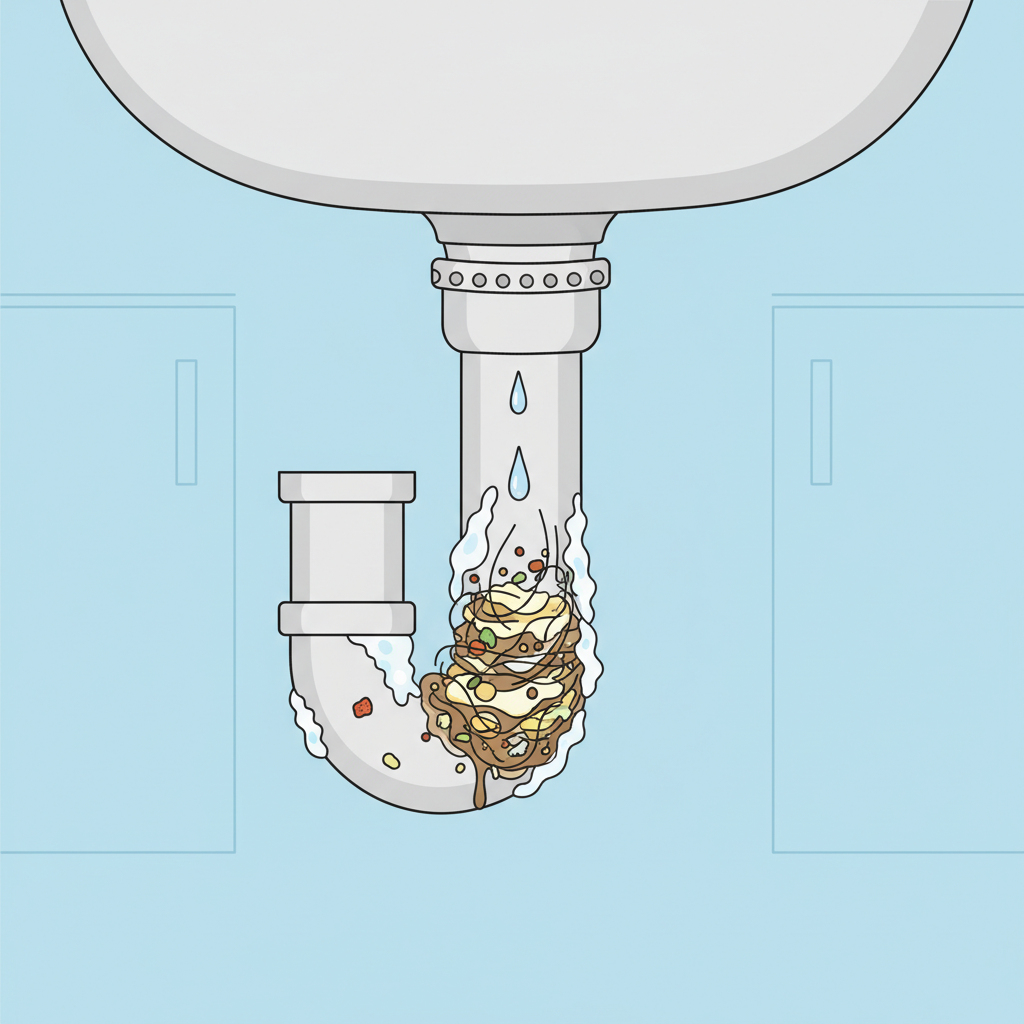 A detailed, cutaway flat illustration of a typical household drain pipe, specifically under a kitchen or bathroom sink. The pipe's interior should clearly show an accumulation of common culprits causing a blockage: tangled hair, solidified grease blobs, food particles, and white soap scum. These elements are tightly packed, obstructing the smooth flow of water, which should be depicted as a trickle or completely stopped behind the blockage. The pipe material should be a neutral grey or white, with the debris in contrasting, realistic colors. The background is clean and uncluttered, emphasizing the clogged pipe.