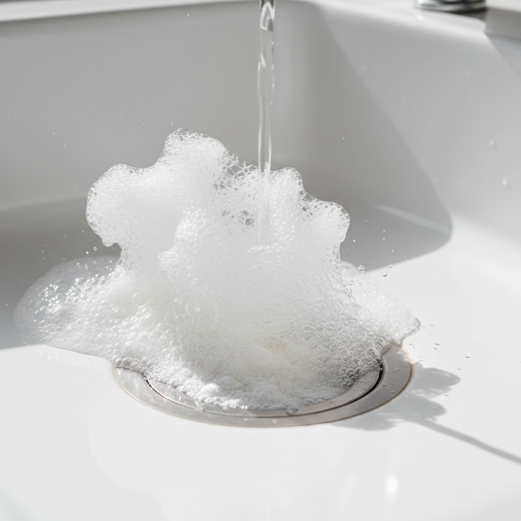 A vibrant, professional photo illustrating the chemical reaction of baking soda and vinegar in a sink drain. The image focuses closely on a clean, stainless steel or ceramic sink drain opening. A white, granular powder (representing baking soda) is visibly being poured into the drain, followed by a clear liquid (representing vinegar) creating a lively, effervescent foaming and bubbling reaction directly within the drain opening. The foam should be dynamic and active, conveying the cleaning action. The surrounding sink area is clean and bright, with natural lighting.
