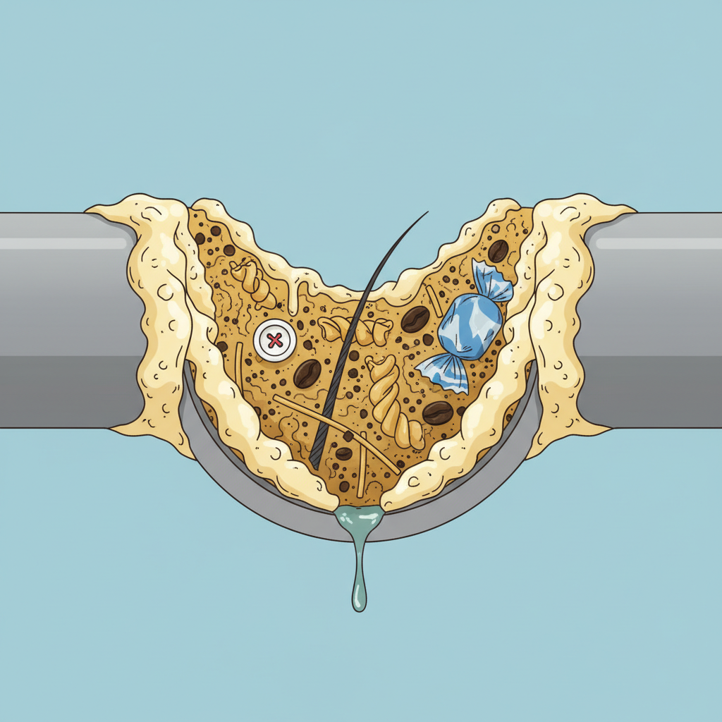 A detailed cross-section diagram showing the inside of a typical kitchen drain pipe. The pipe is heavily obstructed by various accumulated substances. Clearly depict solidified yellow-white grease clinging to the pipe walls, intertwined with dark food scraps like coffee grounds, small bits of pasta, and perhaps a strand of hair. A tiny, innocuous foreign object like a small button or a piece of a wrapper is also stuck in the blockage. The water flow should appear significantly restricted, with a small stream barely making it through the congested area. Use a clean, infographic style with clear lines and soft shading to highlight the different materials causing the clog.