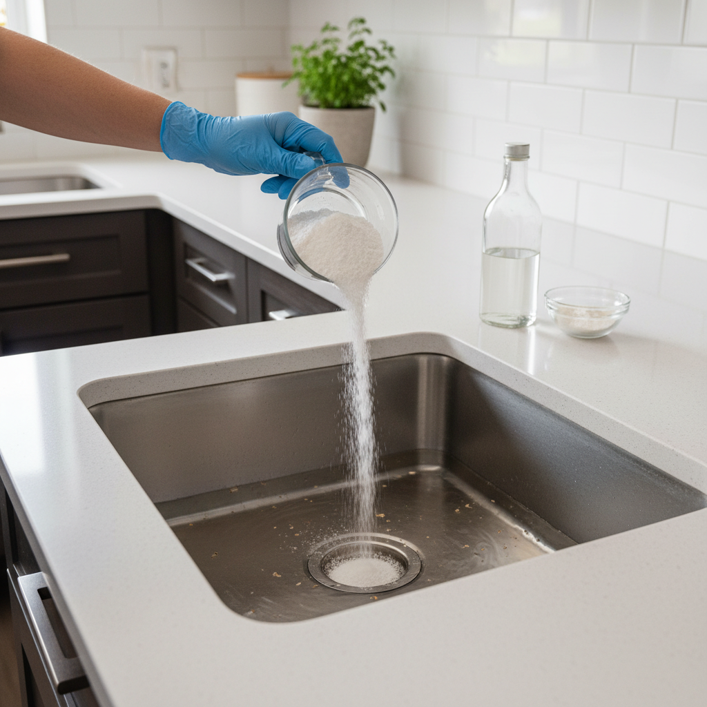 A professional, well-lit photo from a slightly elevated angle, capturing a modern kitchen sink. The sink basin is partially filled with murky, standing water, indicating a severe clog. A human hand (gender-neutral, perhaps wearing a glove) is actively pouring a stream of a white powder (representing baking soda) directly into the drain opening, while a bottle of clear liquid (vinegar) sits nearby on the countertop, suggesting the next step in a DIY solution. The scene conveys a sense of a common household problem being addressed proactively. The background should show a clean, slightly out-of-focus kitchen environment.