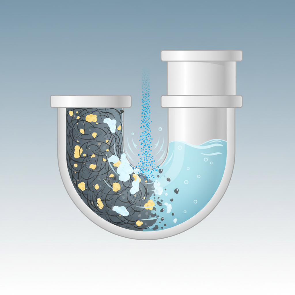 A stylized cross-section of a domestic drainpipe (e.g., under a sink). On the left side, the pipe is heavily clogged with a dense, murky blockage consisting of intertwined hair strands, greasy yellow fat deposits, and white soap scum. On the right side, the same pipe cross-section is mostly clear, with clean water flowing freely. In the middle, a stream of small, distinct chemical granules is shown actively dissolving and breaking down the remaining parts of the blockage, depicted with subtle heat lines and dissolving visual effects. The overall aesthetic should be a clean, modern flat illustration with a smooth gradient from clogged to clear.