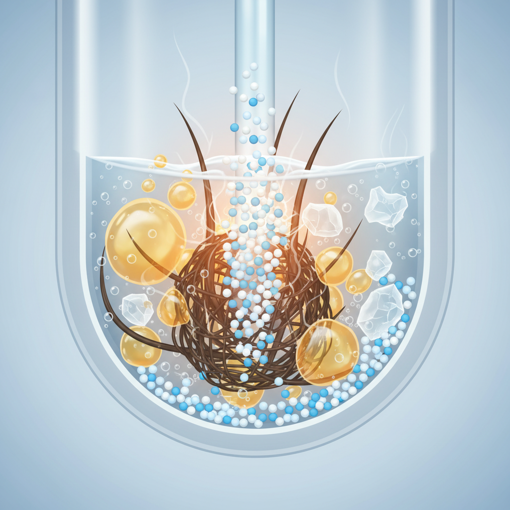 A close-up, semi-abstract illustration depicting the chemical interaction of drain cleaner granules within a pipe. Uniform granules are shown dissolving into a slightly fuming, clear liquid solution. This solution actively surrounds and breaks down various organic obstructions: distinct, tangled strands of hair; amorphous, oily blobs of fat; and crystalline pieces of soap residue. Subtle visual cues like faint bubbles, dissolving edges, and a warm glow emanating from the reaction convey the exothermicity and cleaning action. The style should be a clean, scientific infographic with a focus on the active dissolution process, using a bright and precise color palette.