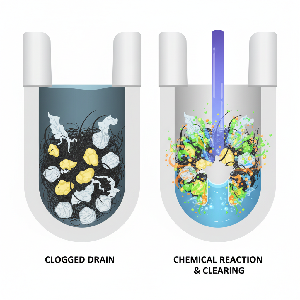A detailed cross-section illustration of a clogged toilet drain pipe. The pipe shows a visible blockage made of entangled hair, grease, and toilet paper, completely obstructing water flow. In the next stage of the illustration, a potent chemical drain cleaner liquid is shown pouring into the pipe from above, actively dissolving and breaking down the organic matter of the clog. Swirling chemical reactions are depicted around the blockage, which is visibly diminishing and allowing water to pass through freely. The style should be a clean, informative infographic with vibrant colors representing the chemical reaction.