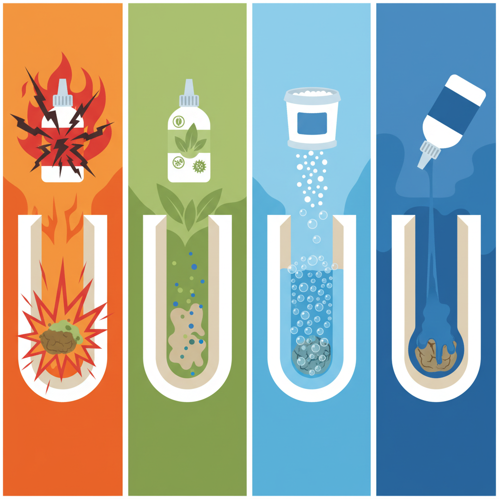 A stylized illustration depicting four distinct types of toilet drain cleaners. On one side, a bottle of a 'chemical drain cleaner' with aggressive, swirling lines dissolving a tough clog in a pipe cross-section, emphasizing speed and potency. Next to it, an 'enzymatic cleaner' bottle with gentle, biological symbols slowly breaking down organic matter in a similar pipe segment. Then, a container of 'granulate cleaner' with granules falling into water and creating effervescent bubbles around a blockage. Finally, a bottle of 'liquid cleaner' pouring a thick fluid that coats and dissolves a clog. The overall style should be a modern, flat illustration using clear visual metaphors for their different actions.